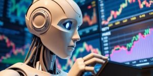 Futuristinen tekoäly robotti ja taloudelliset tiedot.